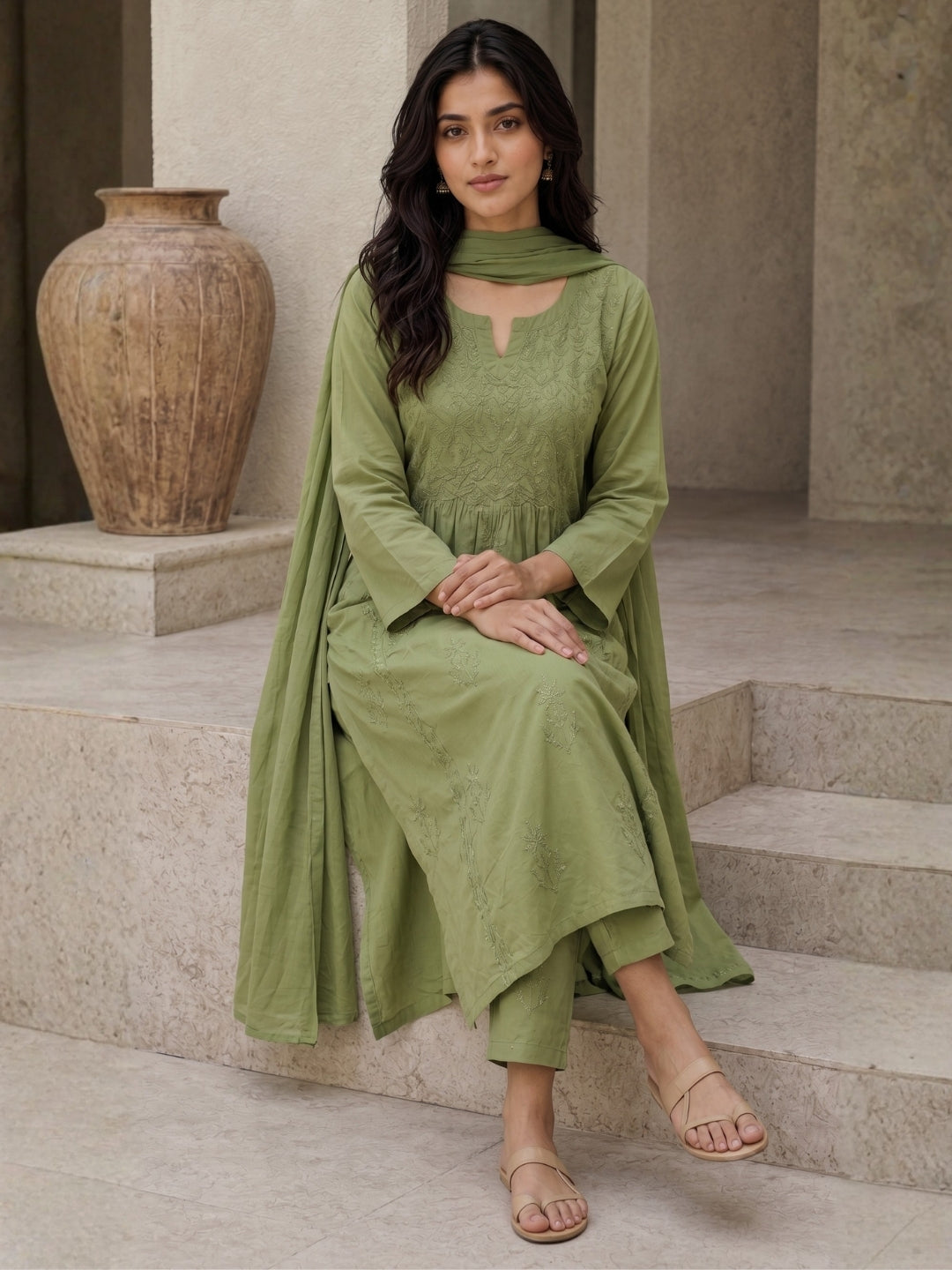 Nyra Mul Cotton 3-Piece Kurta Set with Dupatta - Sage Green