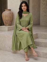 Nyra Mul Cotton 3-Piece Kurta Set with Dupatta - Sage Green
