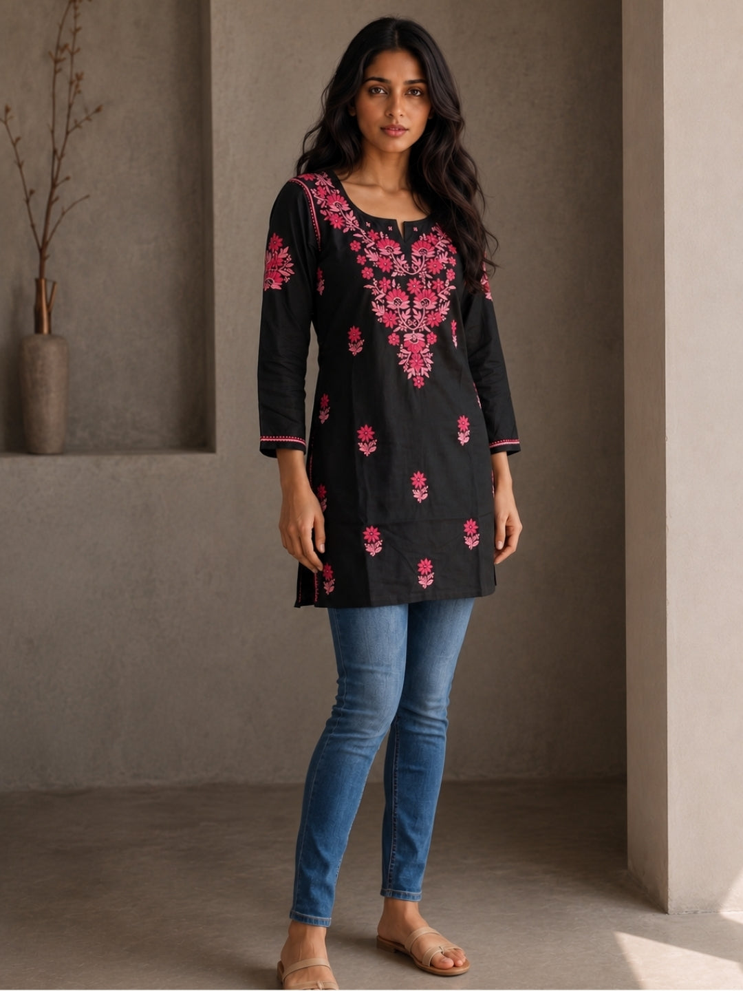 Rayon Chikankari Solid Women's Short Kurta - Black/Pink