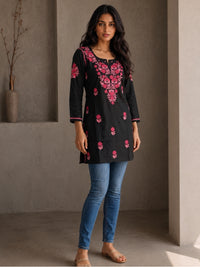 Rayon Chikankari Solid Women's Short Kurta - Black/Pink