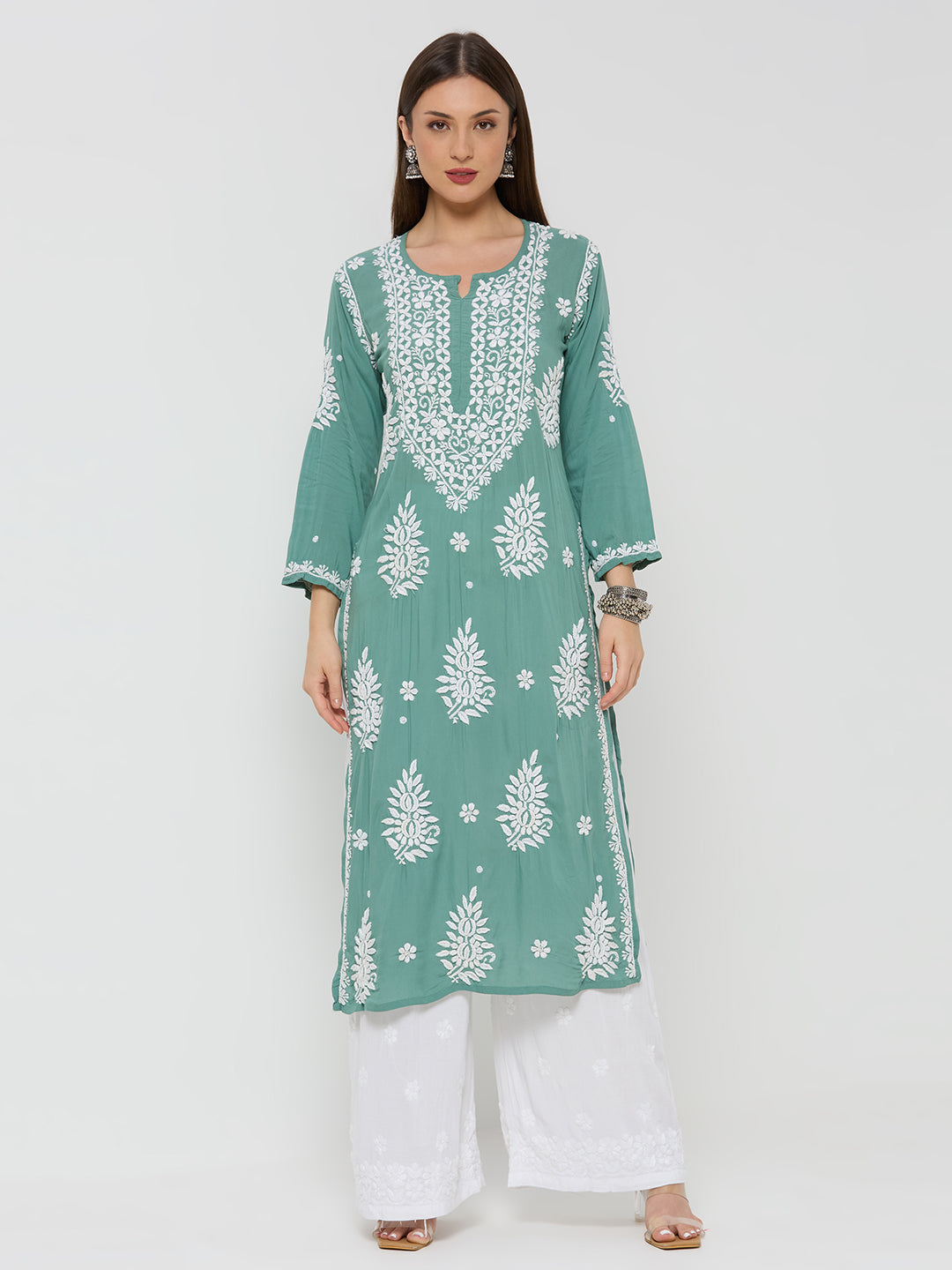 Modal Chikankari Solid Women's Long Kurta - Green