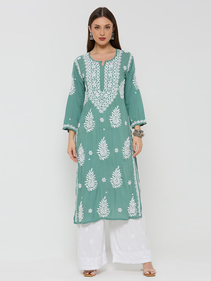 Modal Chikankari Solid Women's Long Kurta - Green