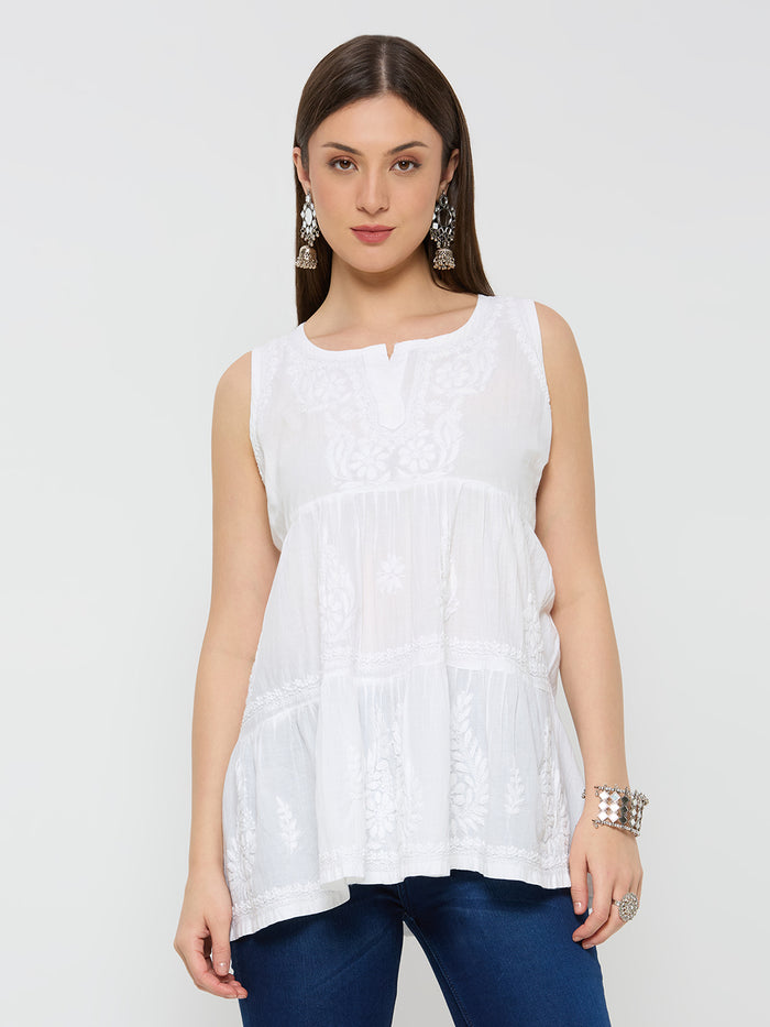 Cotton Chikankari Solid Women's short Kurta - White