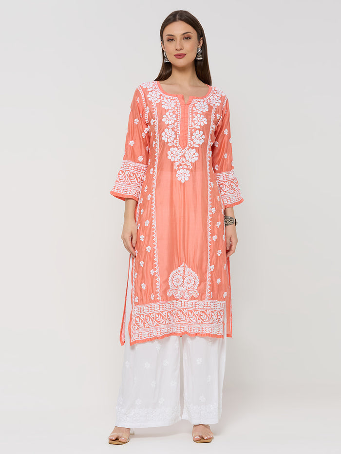 Chanderi Chikankari Solid Women's Long Kurta - Peach