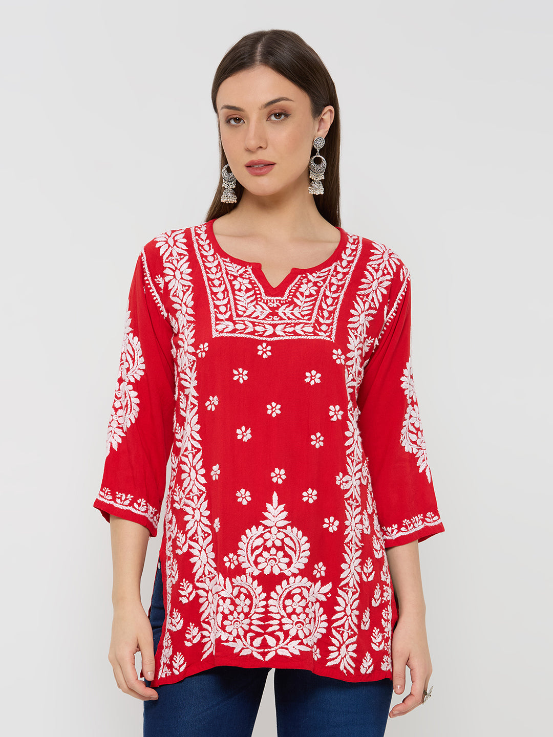 Rayon Chikankari Solid Women's Short Kurta