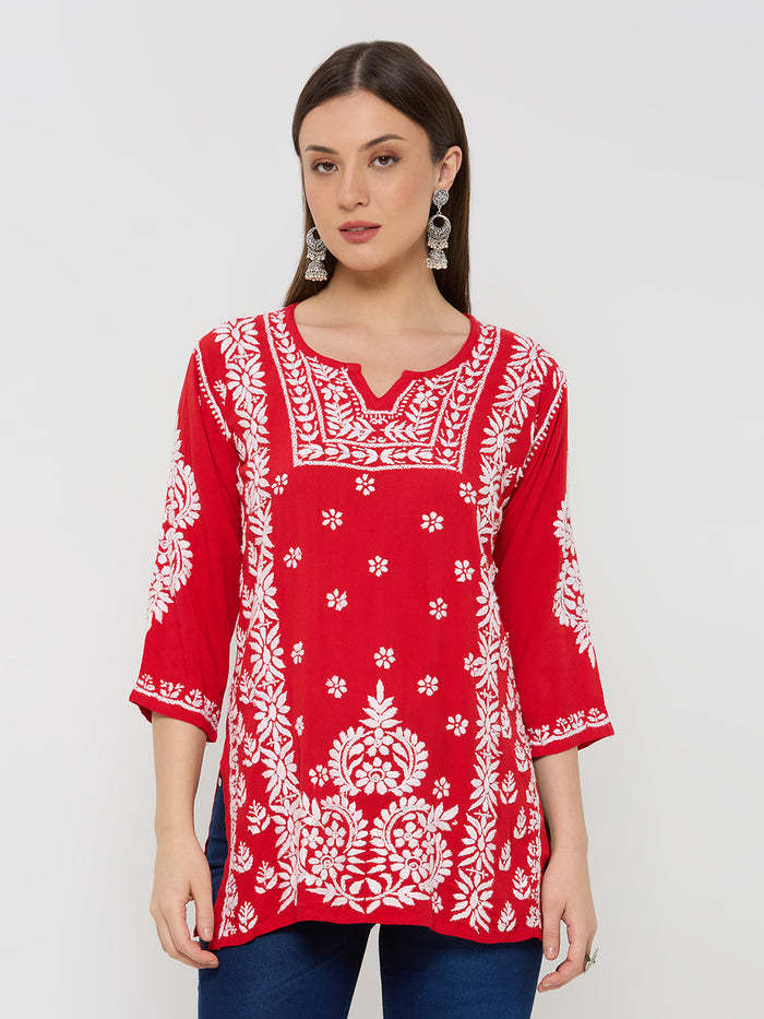 Rayon Chikankari Solid Women's Short Kurta