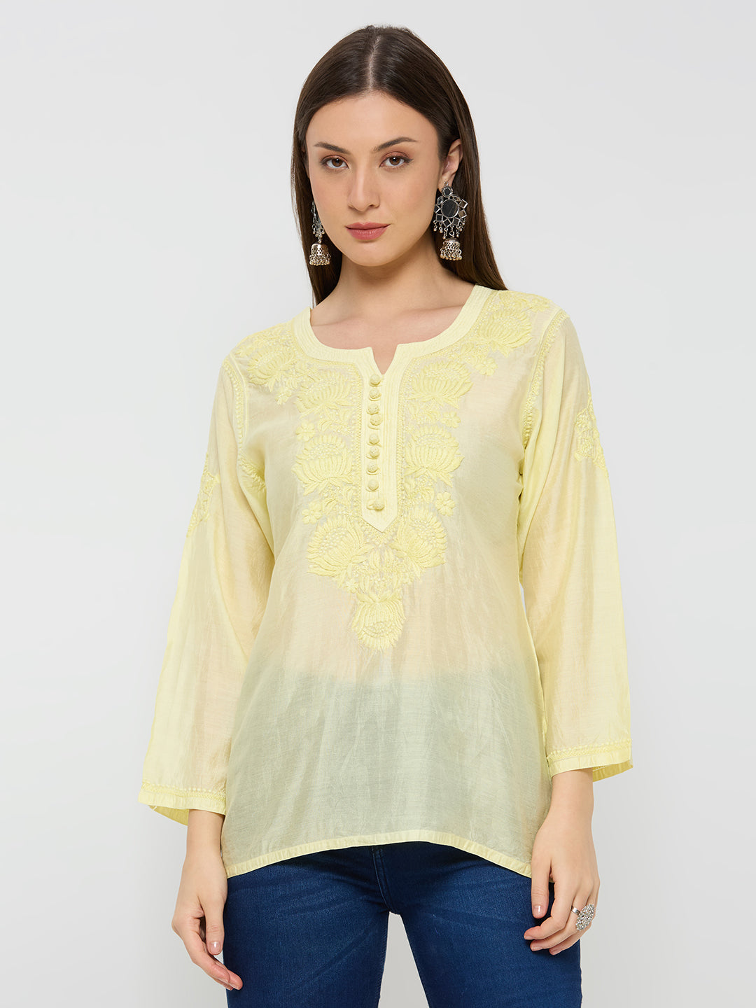 Chanderi Chikankari Solid Women's Short Kurta