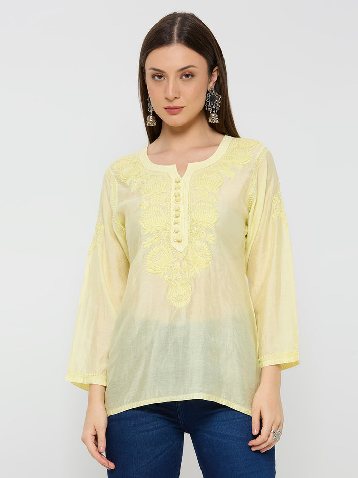 Chanderi Chikankari Solid Women's Short Kurta