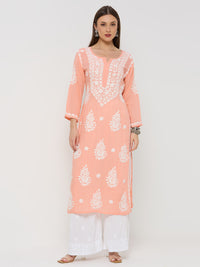 Modal Chikankari Solid Women's Long Kurta - Peach
