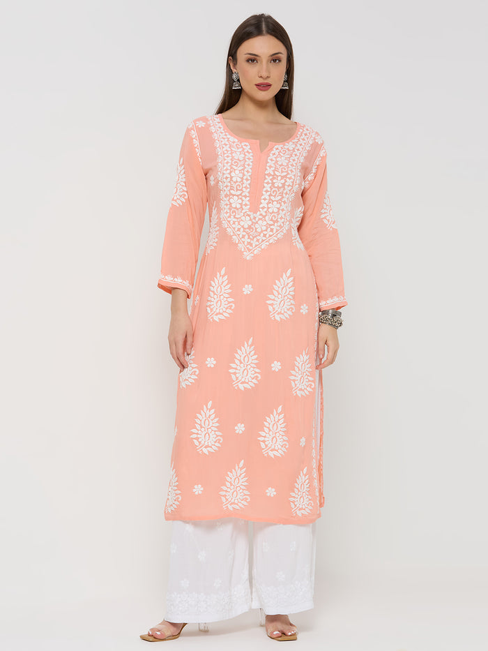 Modal Chikankari Solid Women's Long Kurta - Peach