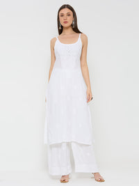 Cotton Chikankari Long Kurta Sleeveless - White