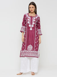 Chanderi Chikankari Solid Women's Long Kurta - Maroon