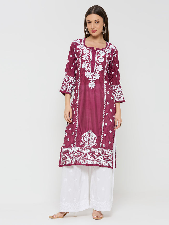 Chanderi Chikankari Solid Women's Long Kurta - Maroon