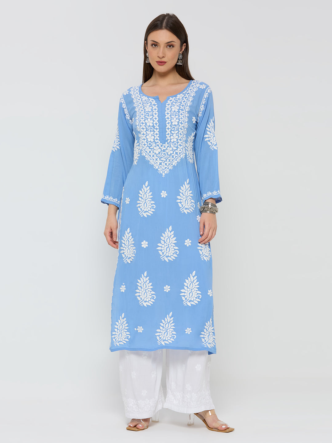 Modal Chikankari Solid Women's Long Kurta - Blue