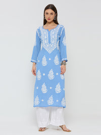 Modal Chikankari Solid Women's Long Kurta - Blue