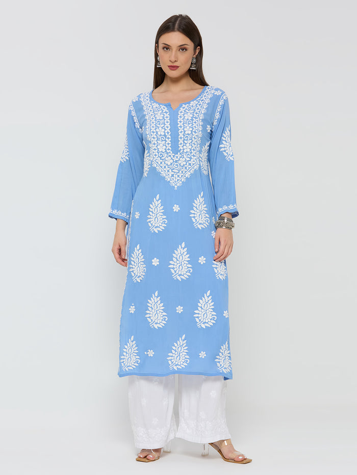 Modal Chikankari Solid Women's Long Kurta - Blue