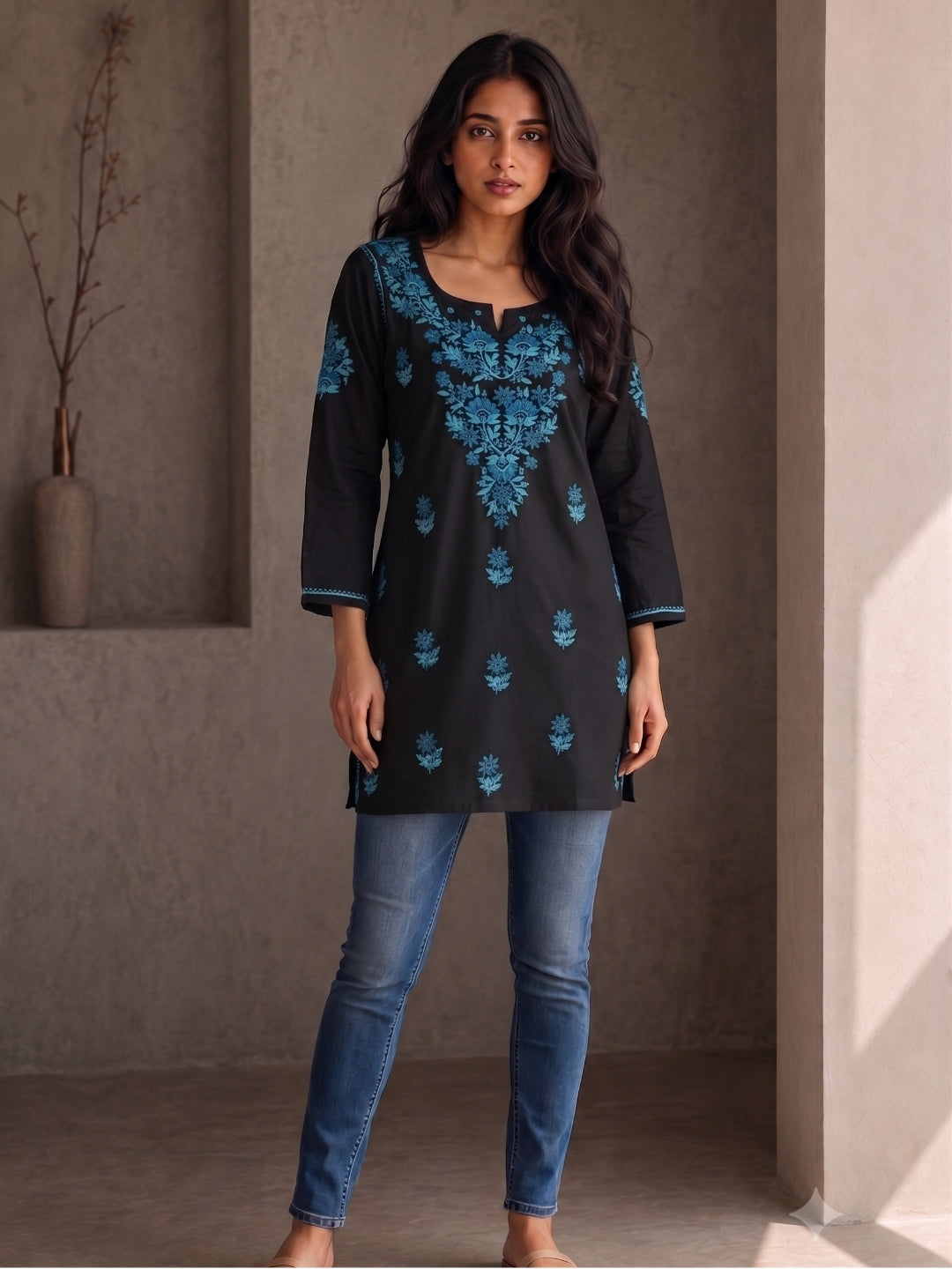 Rayon Chikankari Solid Women's Short Kurta - Black/Blue