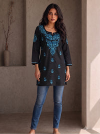 Rayon Chikankari Solid Women's Short Kurta - Black/Blue