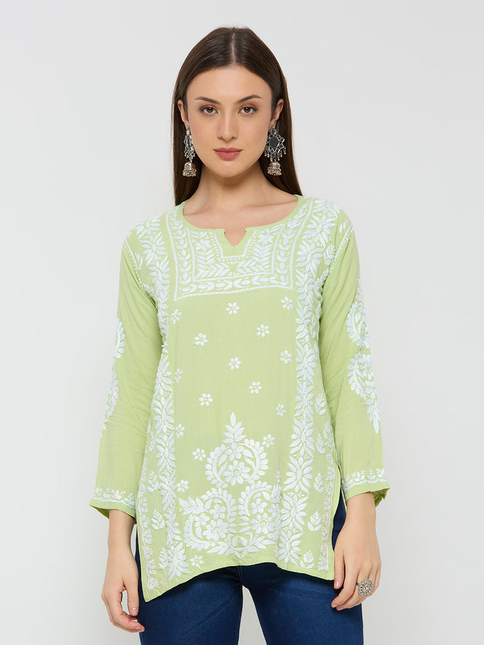 Rayon Chikankari Solid Women's Short Kurta - Green