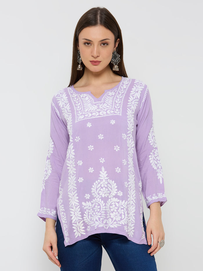 Rayon Chikankari Solid Women's Short Kurta - Lavender