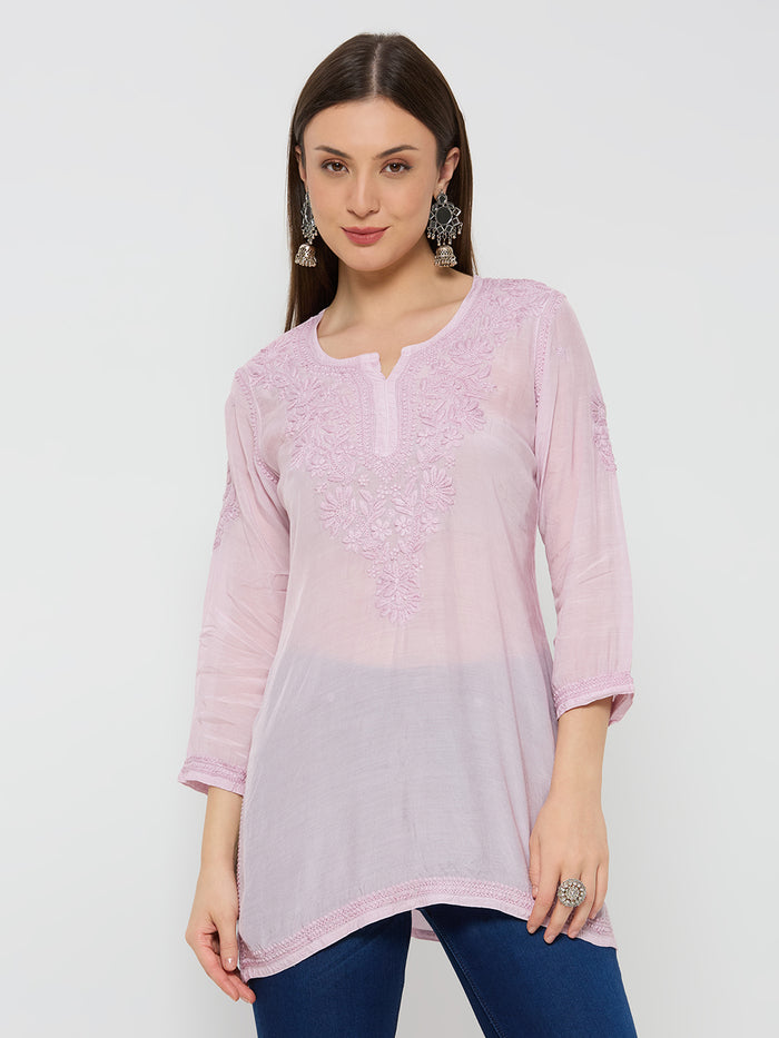 Chanderi Chikankari Solid Women's short- Kurta-Mauve Pink