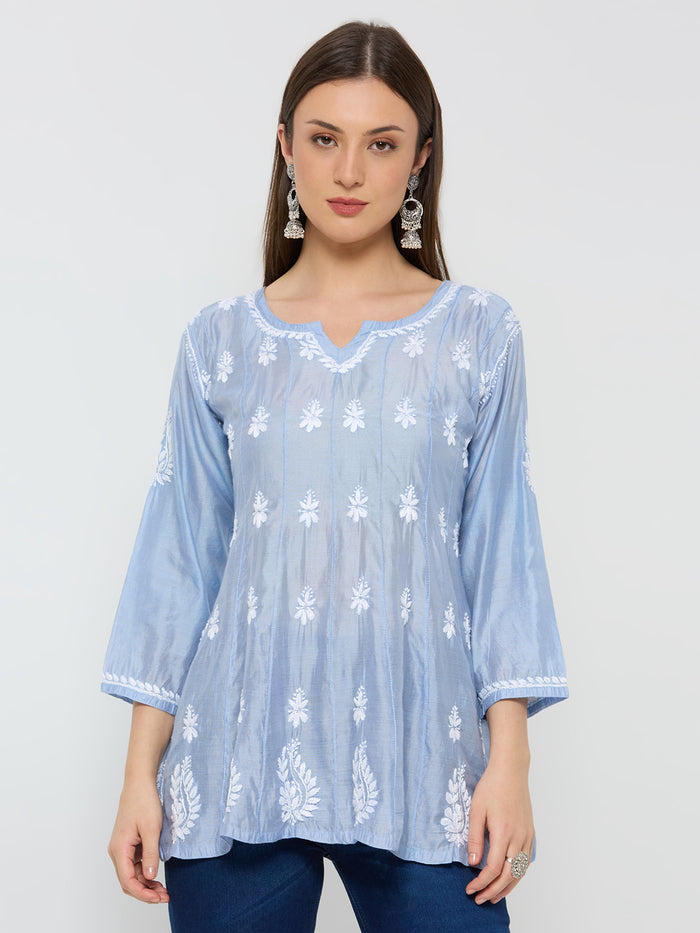 Chanderi Chikankari Solid Women's Short Kurta - Blue