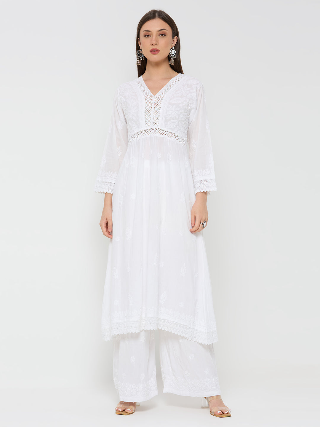 Mul Cotton Chikankari Solid Women's Long Kurta