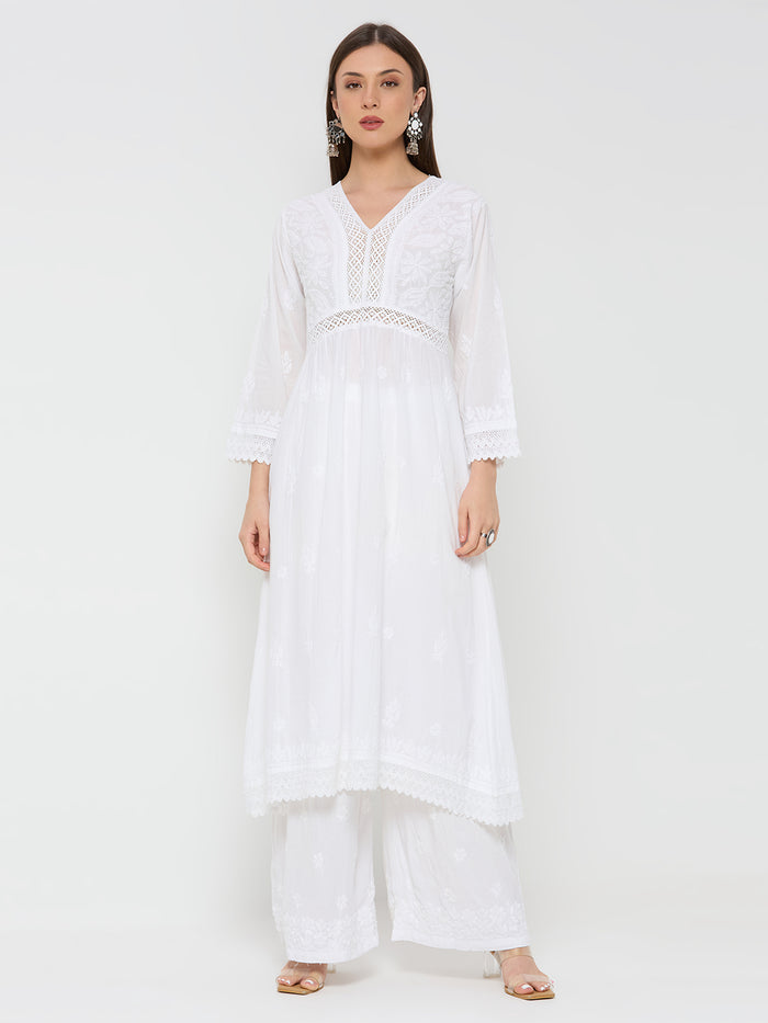 Mul Cotton Chikankari Solid Women's Long Kurta