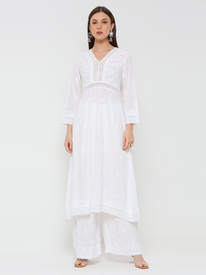 Mul Cotton Chikankari Solid Women's Long Kurta