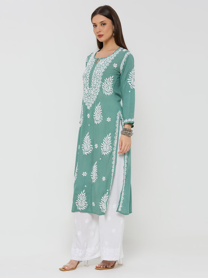Modal Chikankari Solid Women's Long Kurta - Green