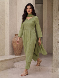 Nyra Mul Cotton 3-Piece Kurta Set with Dupatta - Sage Green