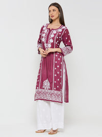 Chanderi Chikankari Solid Women's Long Kurta - Maroon