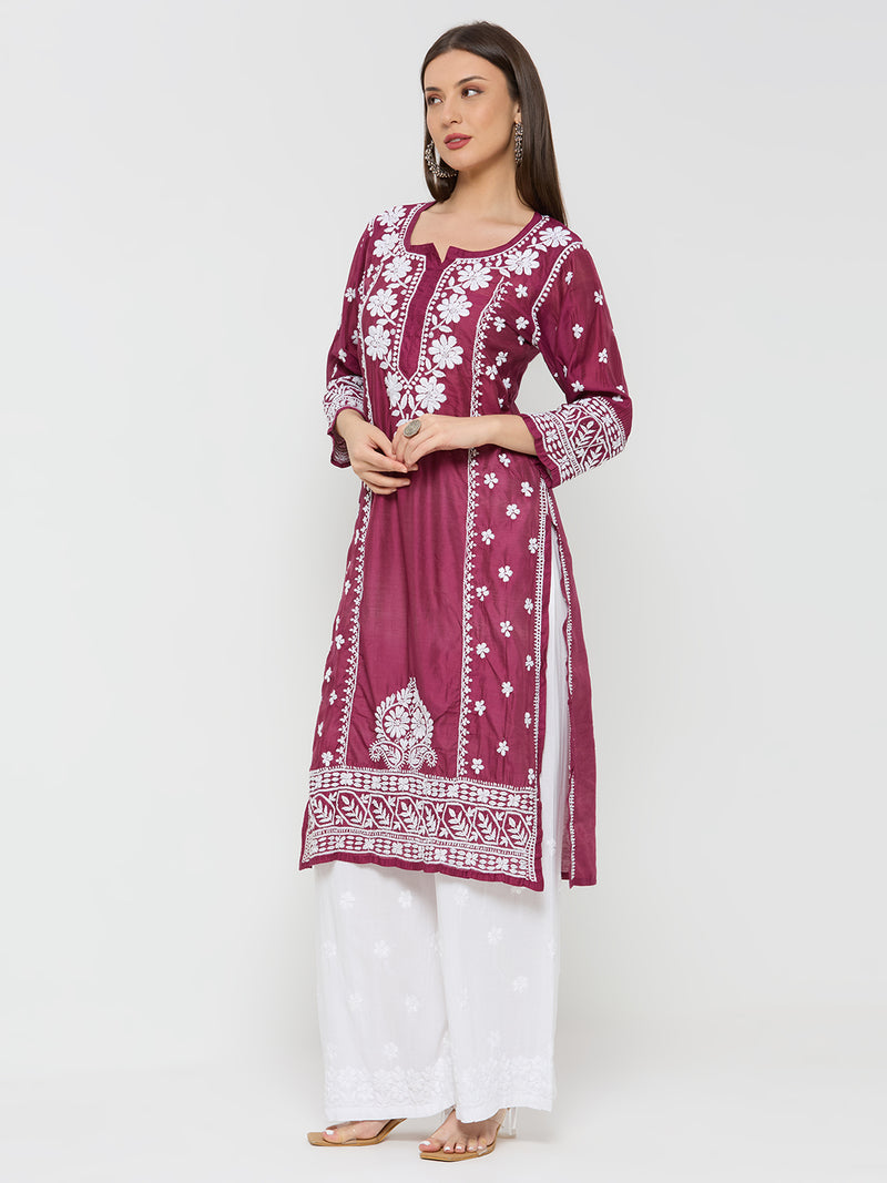 Chanderi Chikankari Solid Women's Long Kurta - Maroon