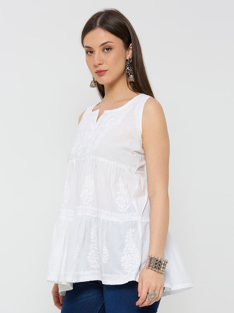 Cotton Chikankari Solid Women's short Kurta - White