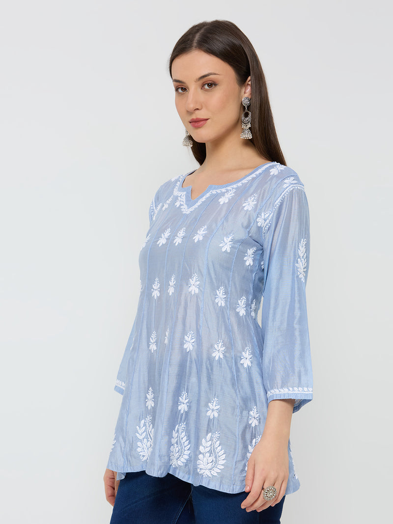 Chanderi Chikankari Solid Women's Short Kurta - Blue