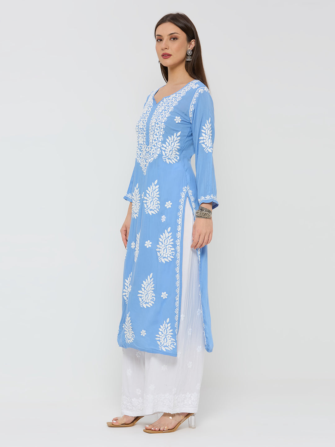Modal Chikankari Solid Women's Long Kurta - Blue