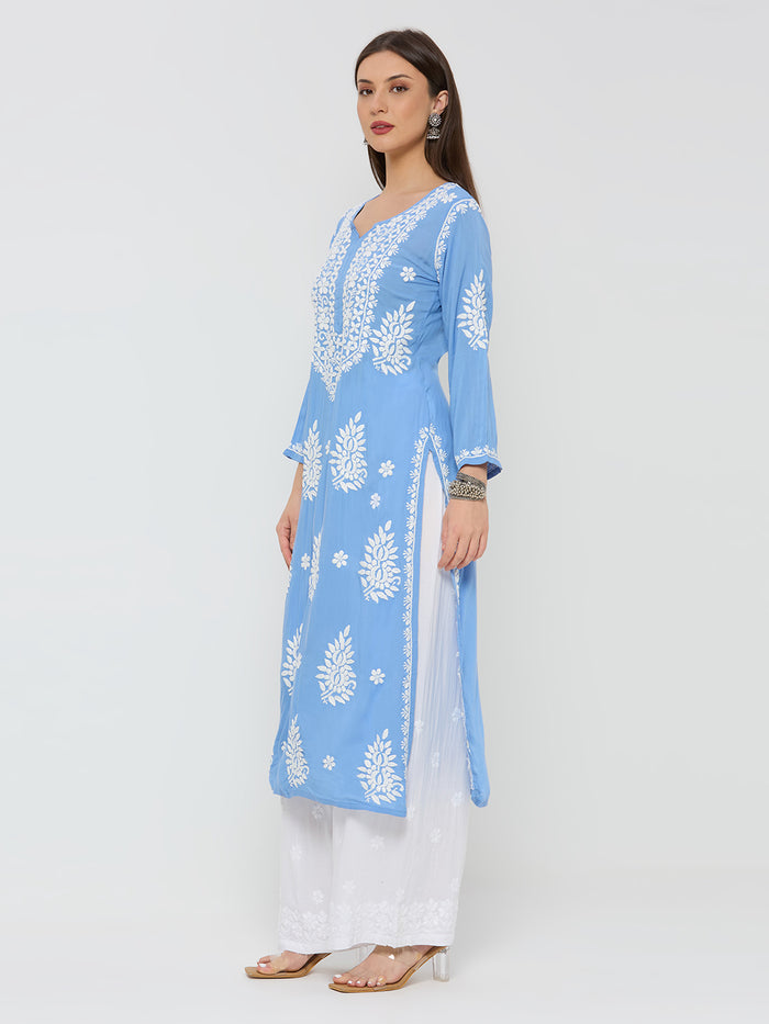 Modal Chikankari Solid Women's Long Kurta - Blue