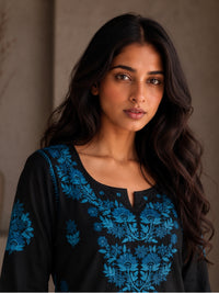 Rayon Chikankari Solid Women's Short Kurta - Black/Blue