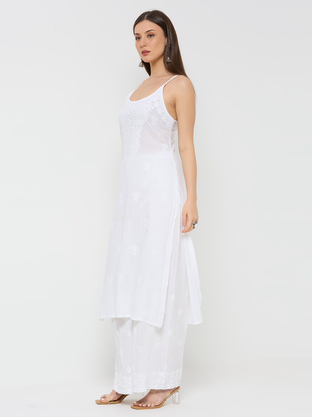 Cotton Chikankari Long Kurta Sleeveless - White