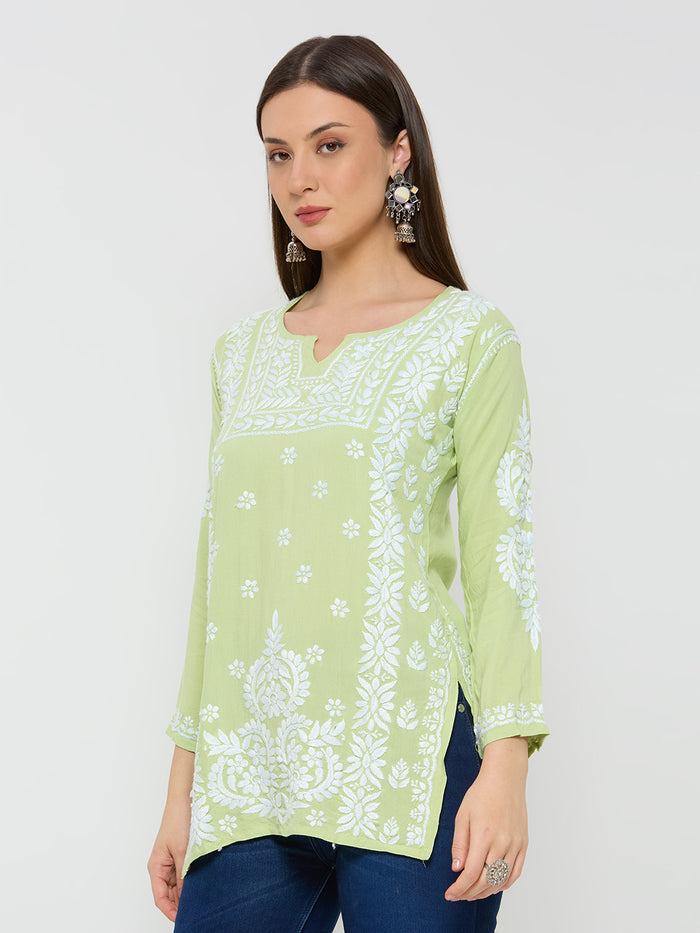 Rayon Chikankari Solid Women's Short Kurta - Green