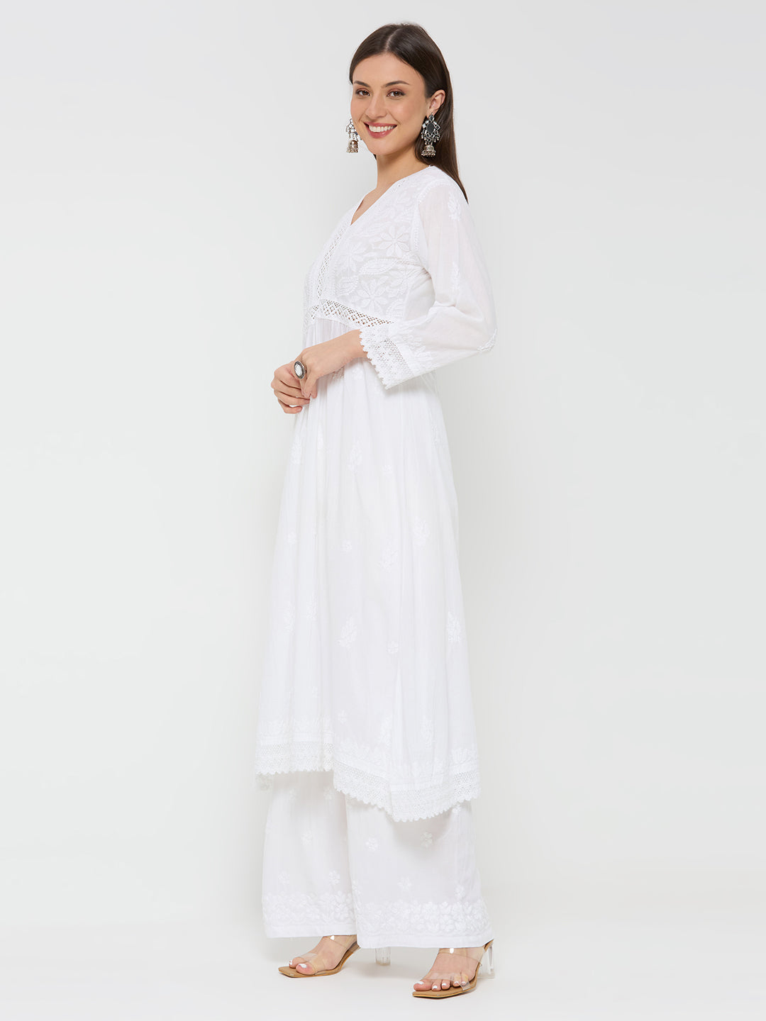 Mul Cotton Chikankari Solid Women's Long Kurta