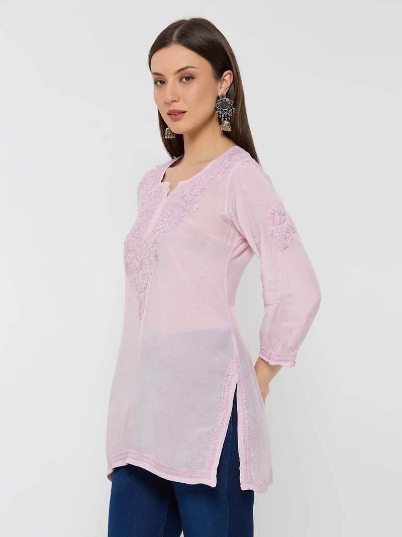 Chanderi Chikankari Solid Women's short- Kurta-Mauve Pink