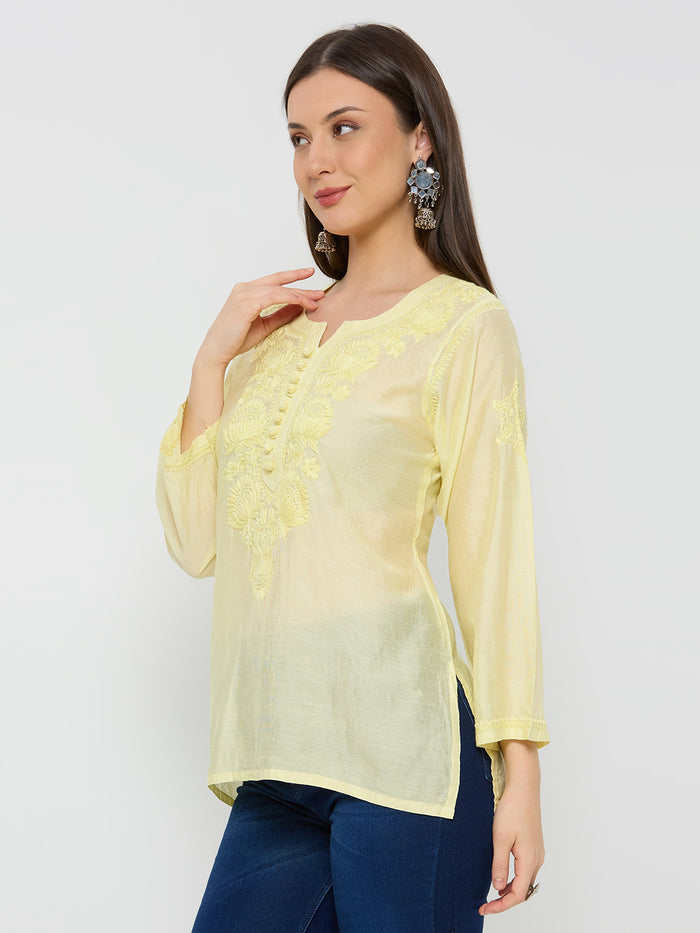 Chanderi Chikankari Solid Women's Short Kurta