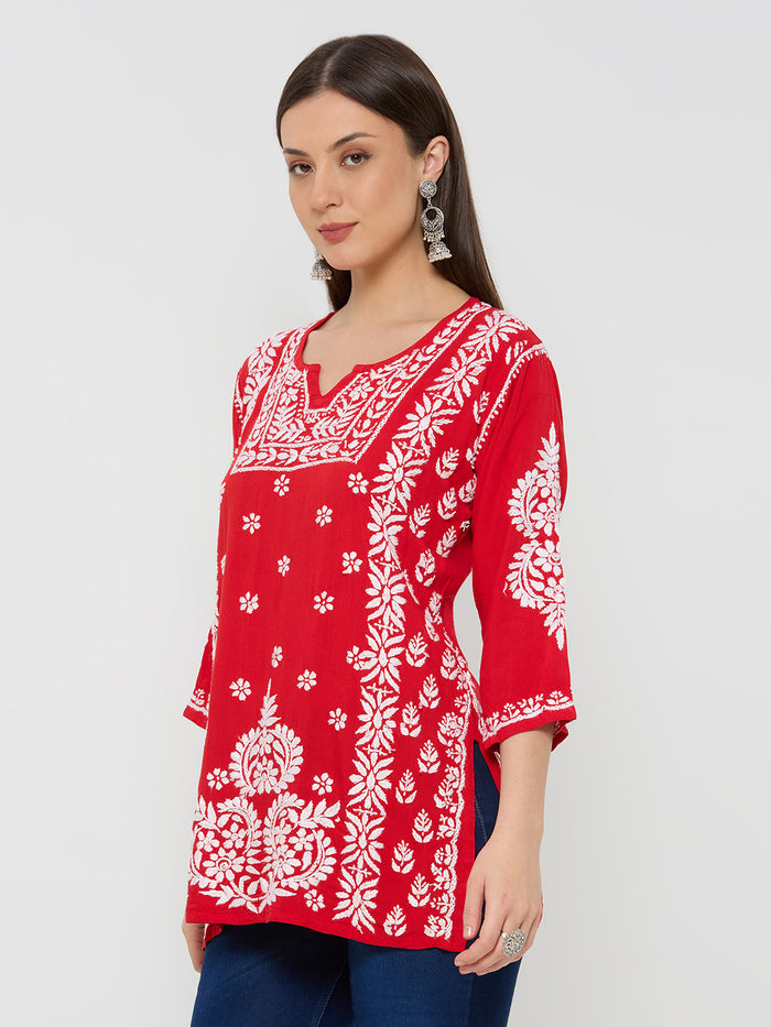 Rayon Chikankari Solid Women's Short Kurta
