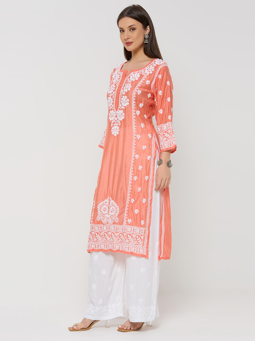 Chanderi Chikankari Solid Women's Long Kurta - Peach