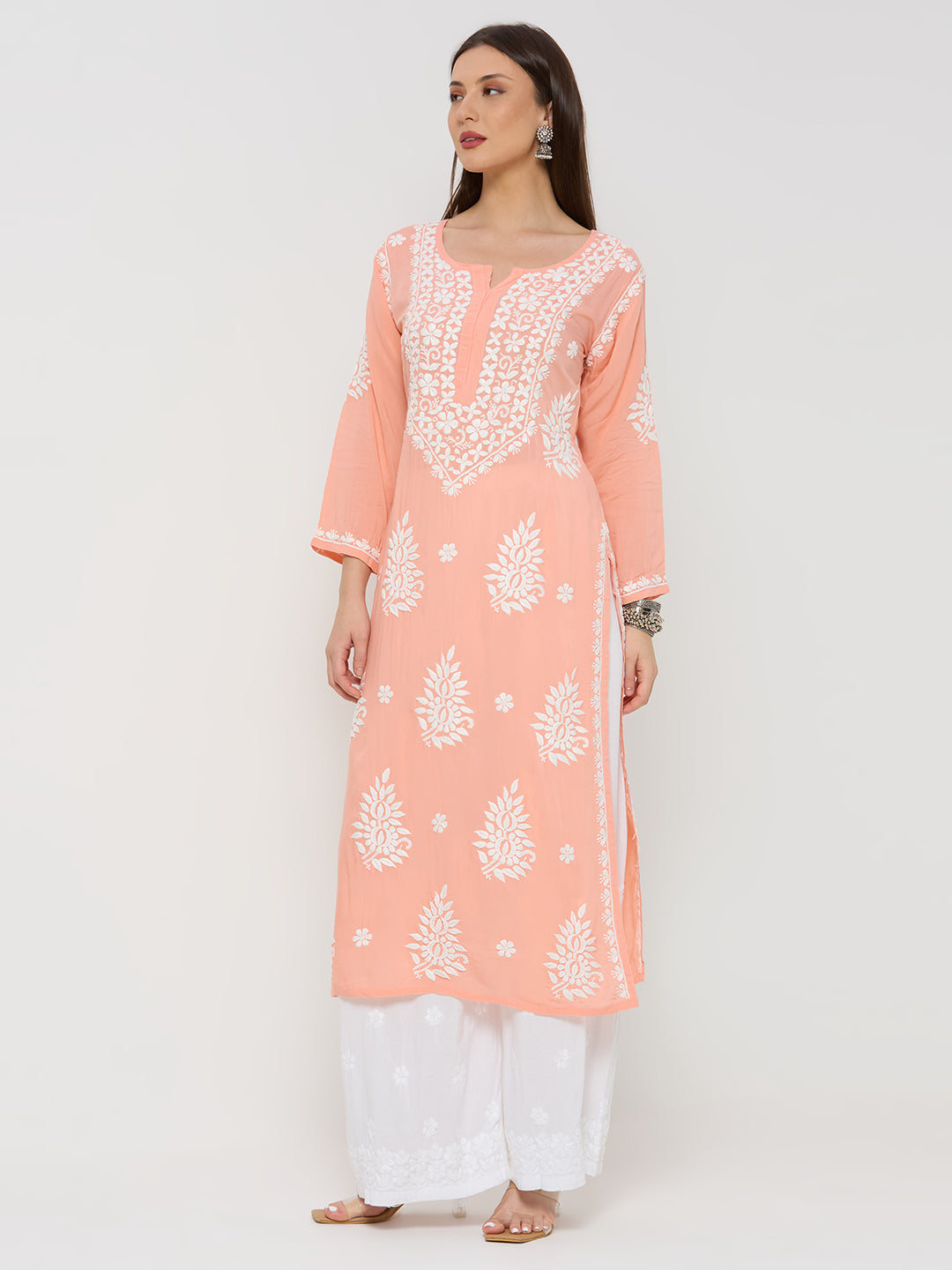 Modal Chikankari Solid Women's Long Kurta - Peach