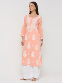 Modal Chikankari Solid Women's Long Kurta - Peach