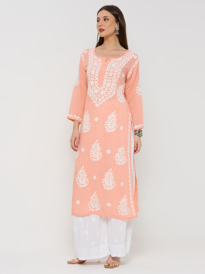 Modal Chikankari Solid Women's Long Kurta - Peach