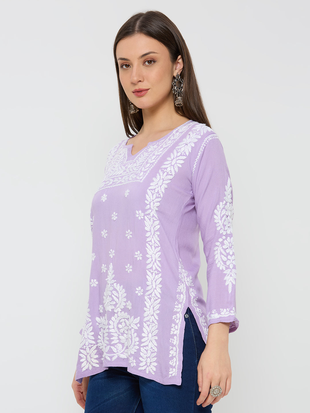 Rayon Chikankari Solid Women's Short Kurta - Lavender