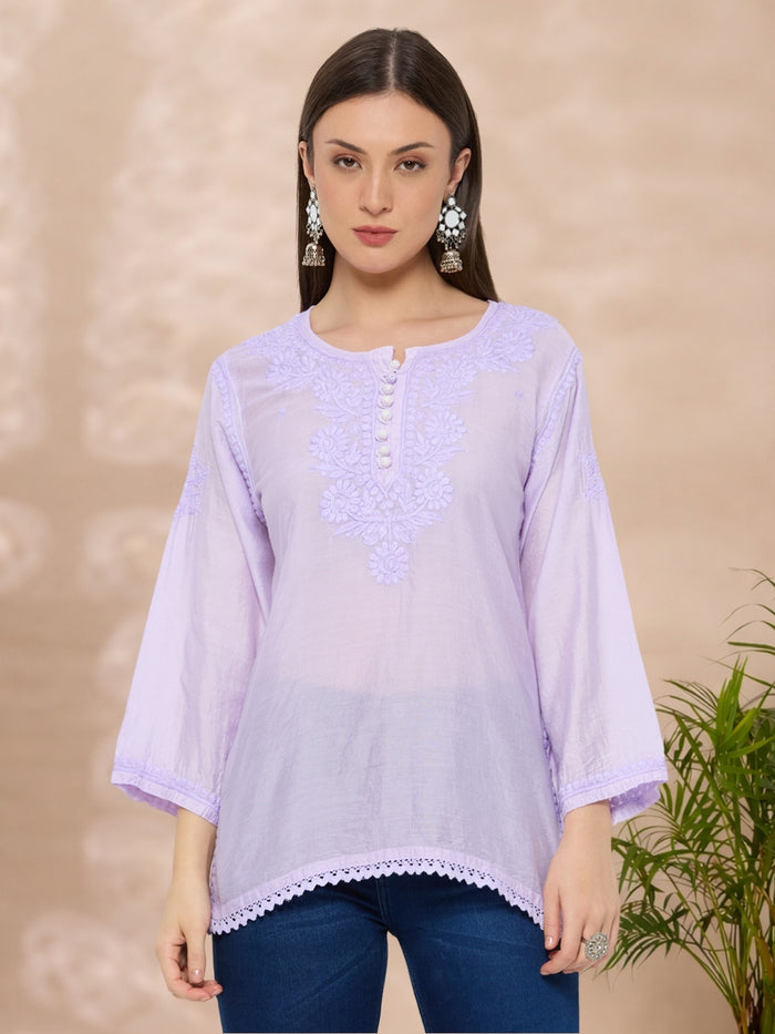 Chanderi Chikankari Solid Women's Short Kurta - Lavendar